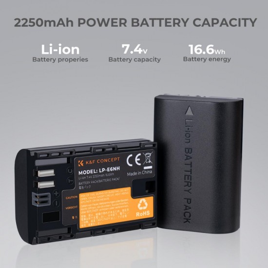 K&F Concept LP-E6NH Battery and Charger Pack - 2 Batteries + Dual Charger 2250mAh